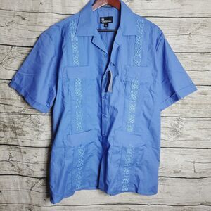 Omega Fashion Guayabera  Blue Short Sleeve Shirt Size Large NWT